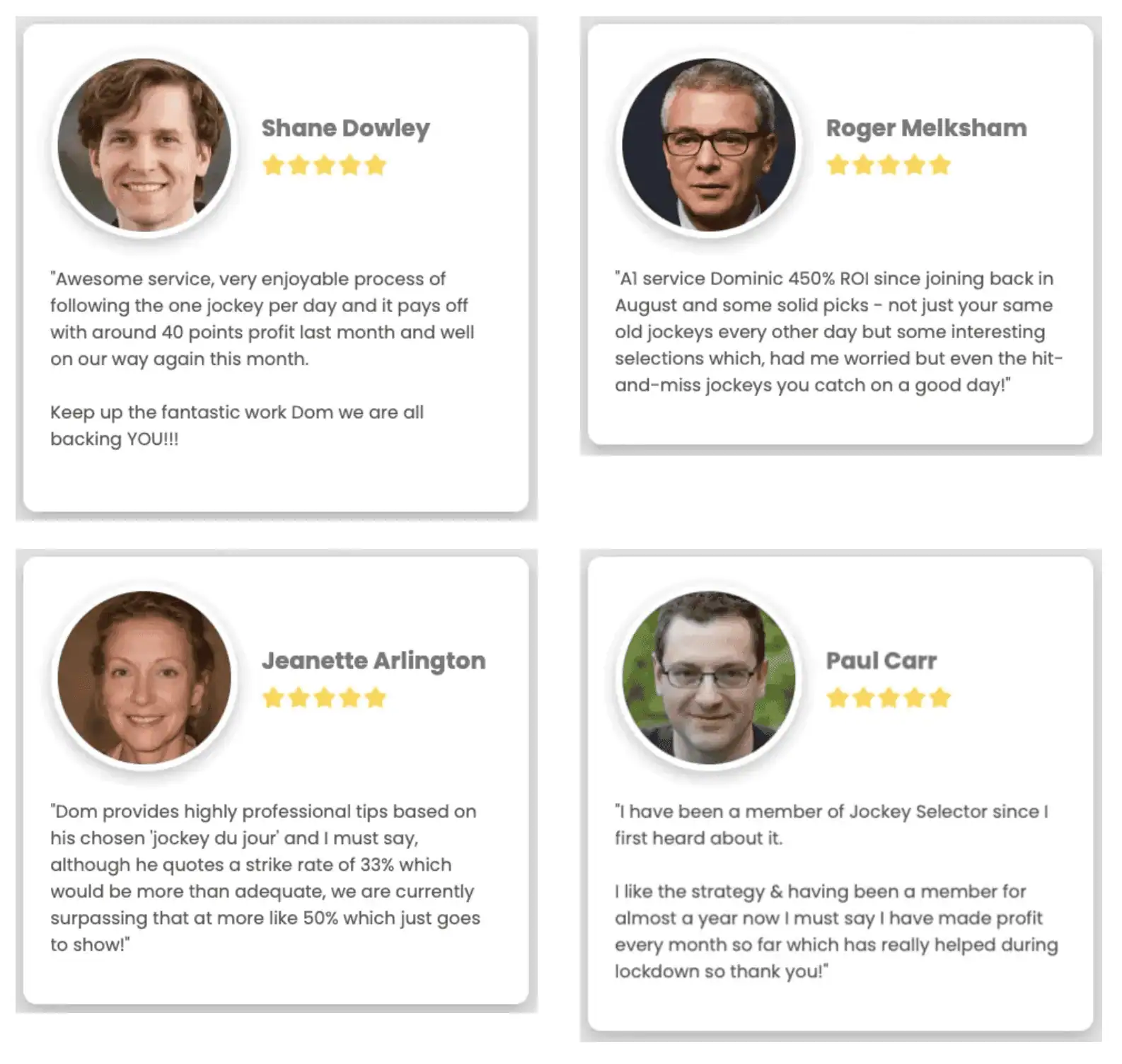 Jockey Selector testimonial section